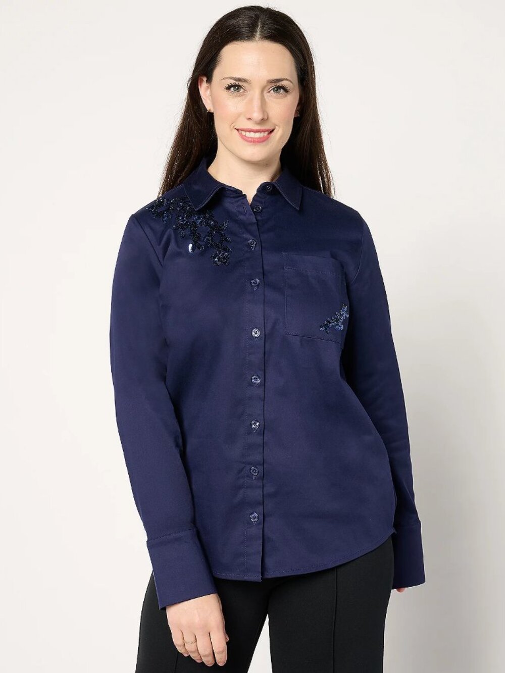 BEAUTIFUL by Lawrence Zarian Stretch Cotton Embellished Shirt, Blue Sz 1X a67090